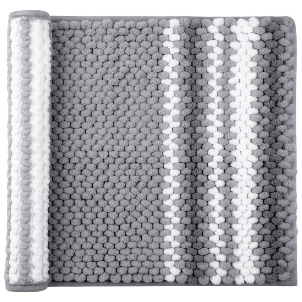 Chenille Bathroom Rug Striped 17"x24" Dark Gray and White